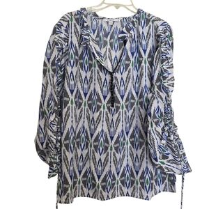 Chico's Black White Green Embellished Beads Blouse with Ruffle Detail